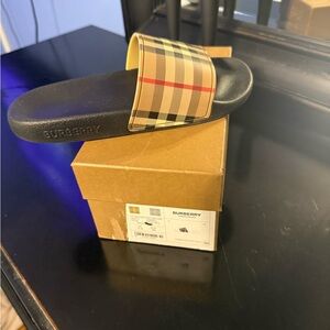 Burberry Black and Brown Check Slide Sandals